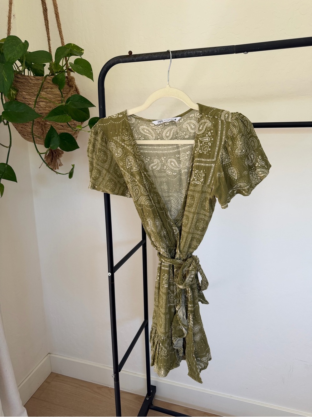 Zara Olive Green Paisley Mini Wrap Dress